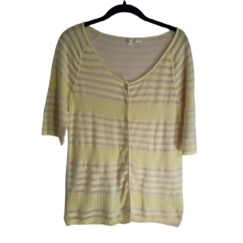 Moth Anthropologie Sweater Womens Size L Yellow Striped Buttoned Short Sleeve